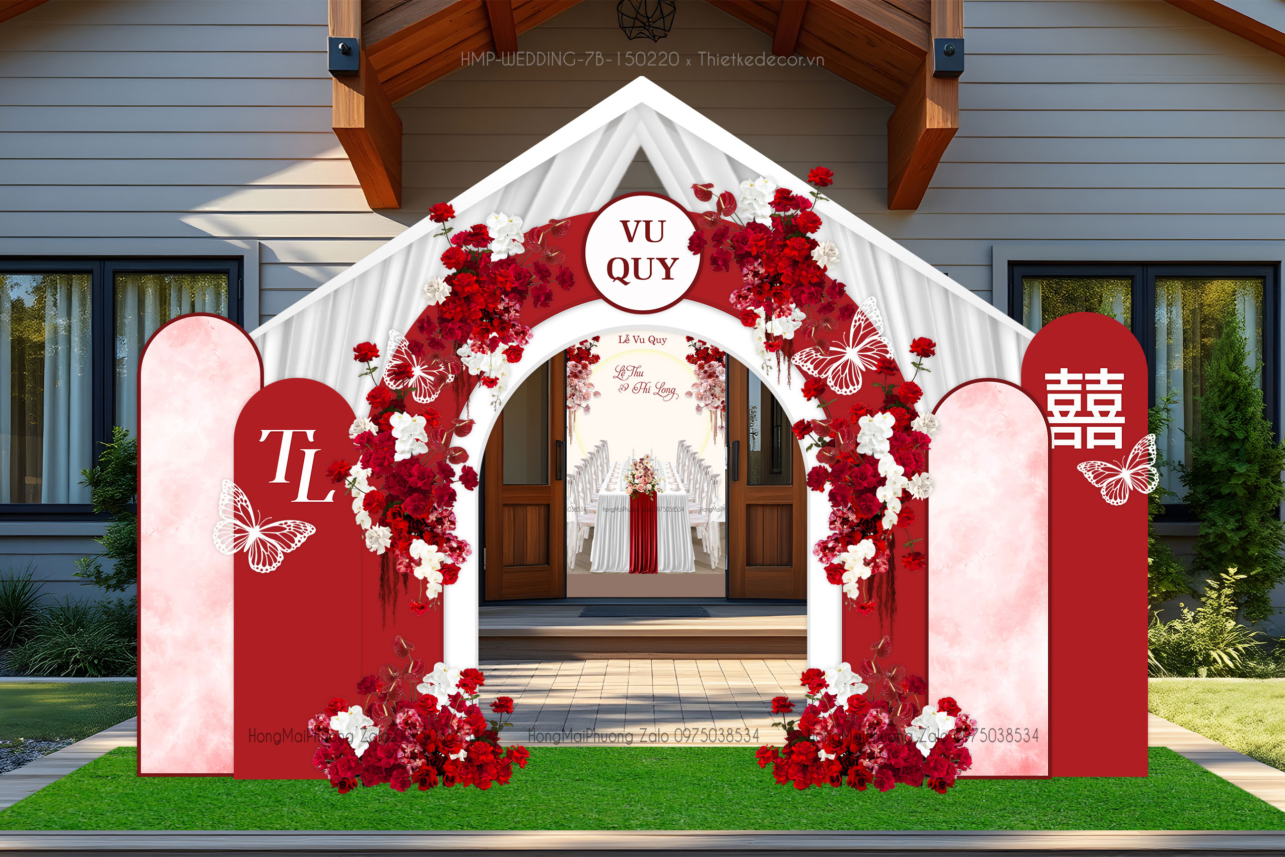 Cổng cưới tone đỏ trắng đính bướm